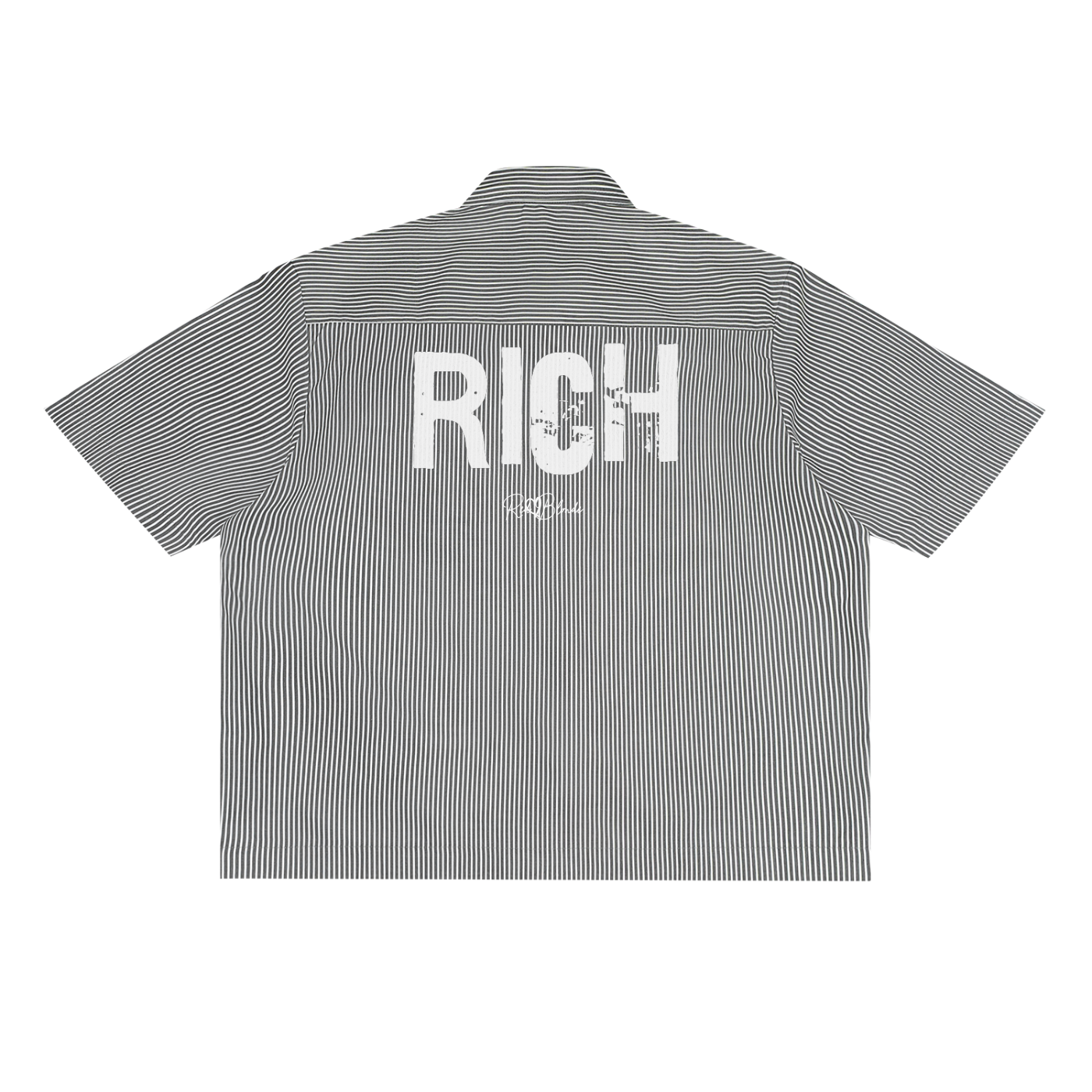 Back view of a black and white pinstriped short-sleeve button-up shirt with a large distressed white “RICH” Ed Gein font print across the upper back and a small RedBlonde script logo underneath.
