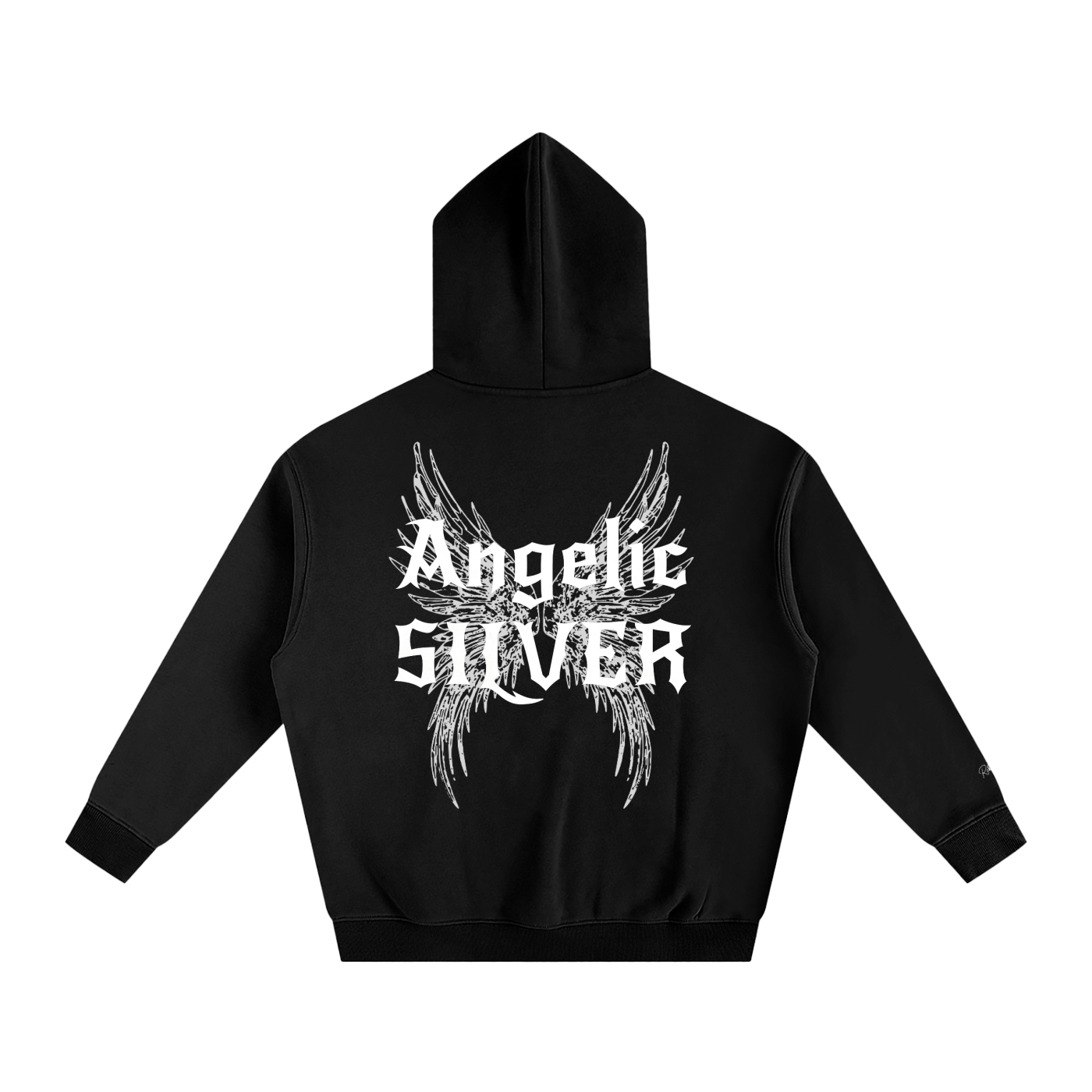 black oversized fleeced hoodie with a back print featuring white gothic “Angelic Silver” text layered over large angel wing artwork.