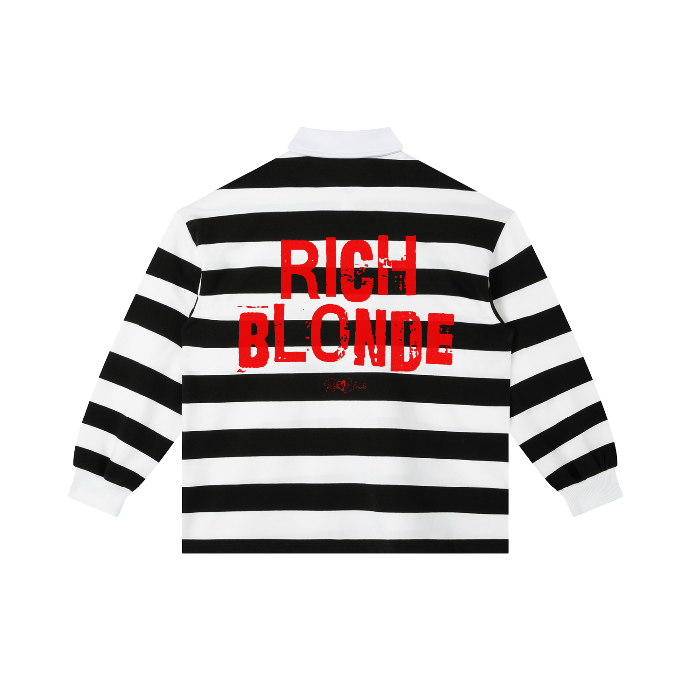 An image showing the back of a long-sleeved rugby polo shirt featuring a pattern of alternating horizontal black and white stripes. The center of the back displays the words "RICH BLONDE" in large, distressed Ed Gein red block lettering, with a smaller signature-style logo printed directly underneath. The shirt is finished with a solid white collar and matching white ribbed cuffs.