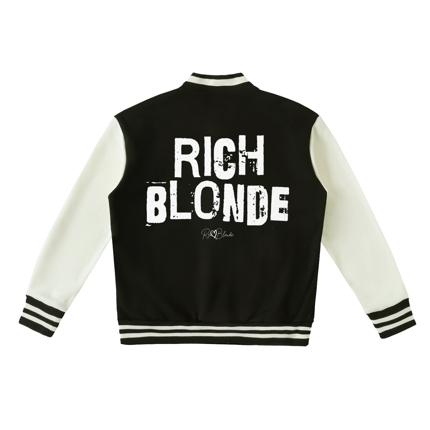 Black & white varsity-style jacket with cream sleeves and striped ribbed trims. The back features large white text reading “RICH BLONDE” in Ed Gein font with a small RedBlonde signature logo in the centre between the words