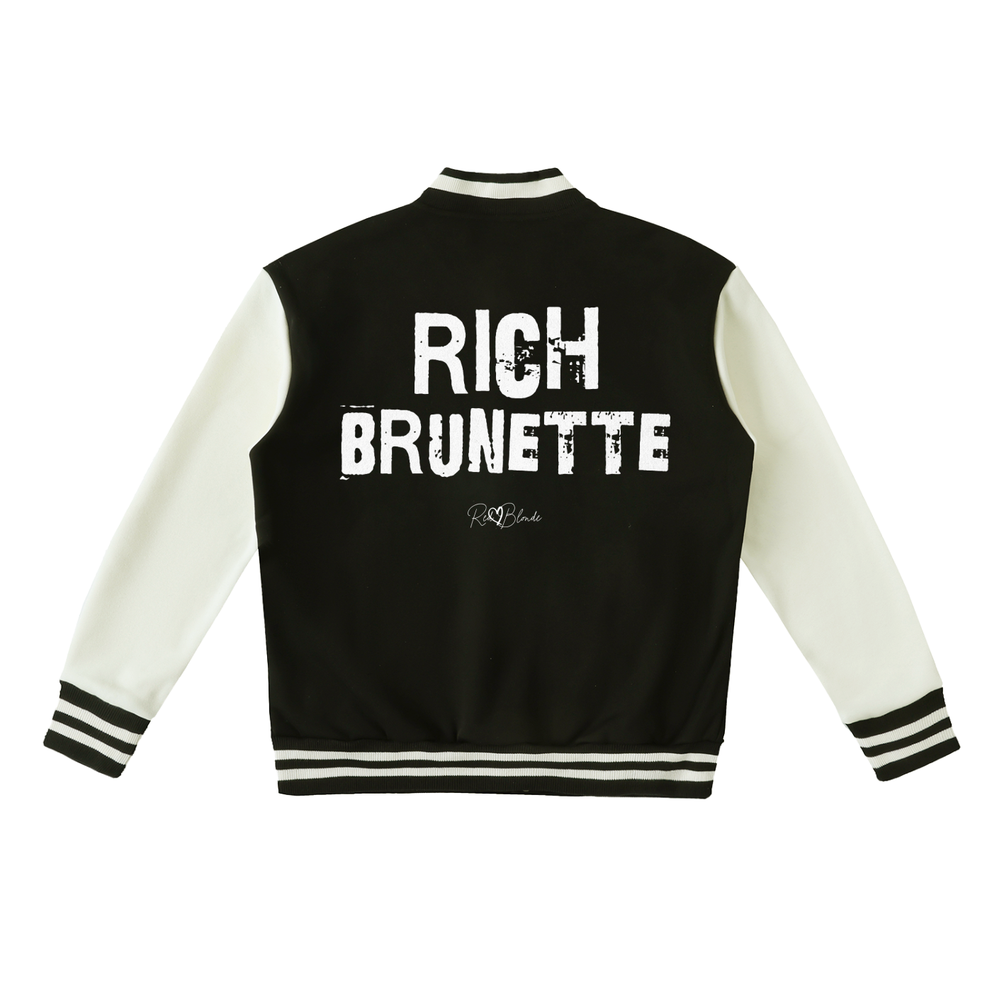 black & white varsity-style jacket with cream sleeves and striped ribbed trims. The back features large white text reading “RICH BRUNETTE” in Ed Gein font with a small RedBlonde signature logo in the centre between the words