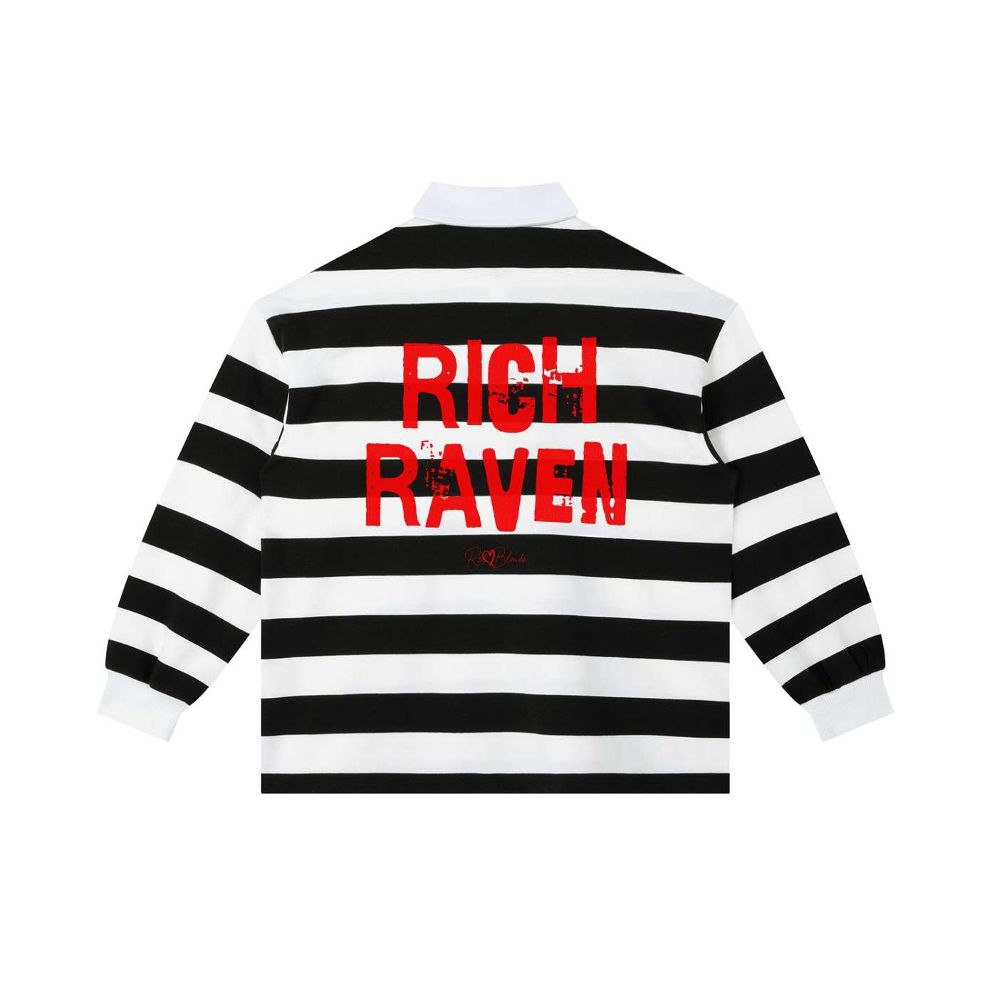 An image showing the back of a long-sleeved rugby polo shirt featuring a pattern of alternating horizontal black and stripes. The center of the back displays the words "RICH RAVEN" in large, distressed Ed Gein red block lettering, with a smaller signature-style logo printed directly underneath. The shirt is finished with a solid white collar and matching white ribbed cuffs.