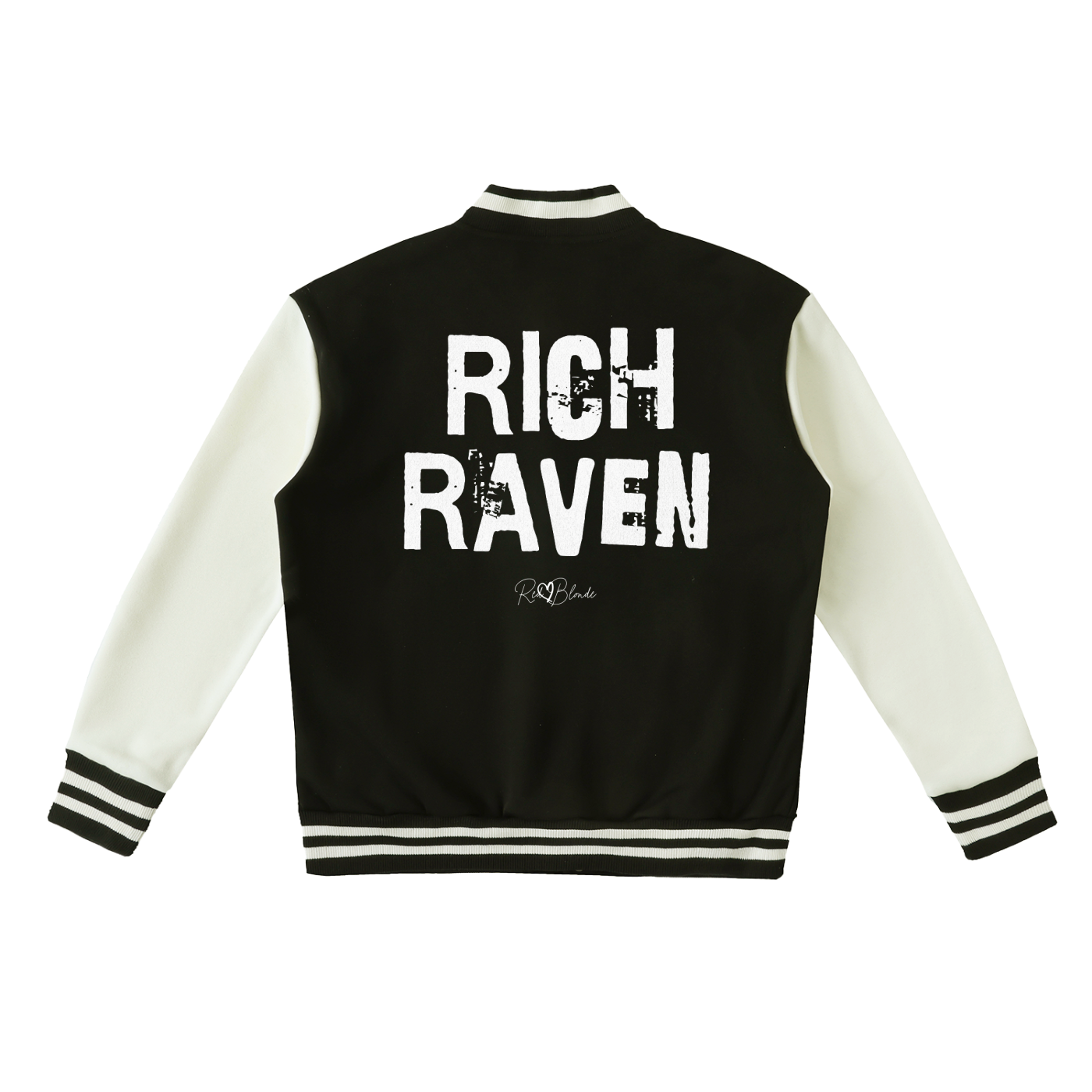 black & white varsity-style jacket with cream sleeves and striped ribbed trims. The back features large white text reading “RICH RAVEN” in Ed Gein font with a small RedBlonde signature logo in the centre between the words