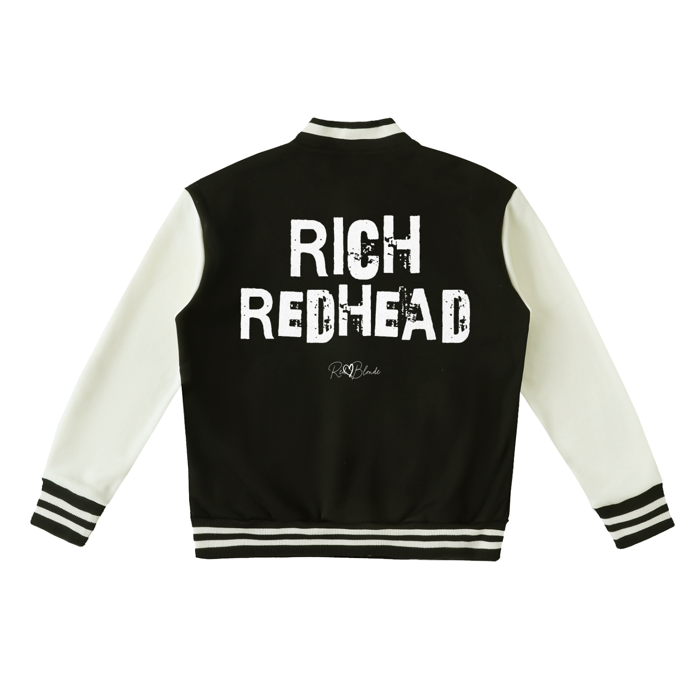 black & white varsity-style jacket with cream sleeves and striped ribbed trims. The back features large white text reading “RICH REDHEAD” in Ed Gein font with a small RedBlonde signature logo in the centre between the words
