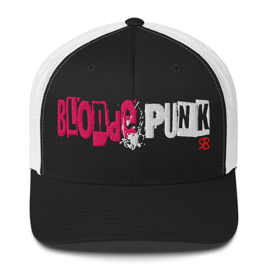 black/white trucker cap with 'Blonde Punk' in irregular printing block style caps and lowercase. Blonde is written in bright pink and Punk in black lettering. Branded RB in red
