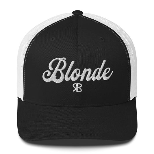 black/white trucker cap with 'Blonde' in white adventurer 01 font on front. Mesh back. Branded RB