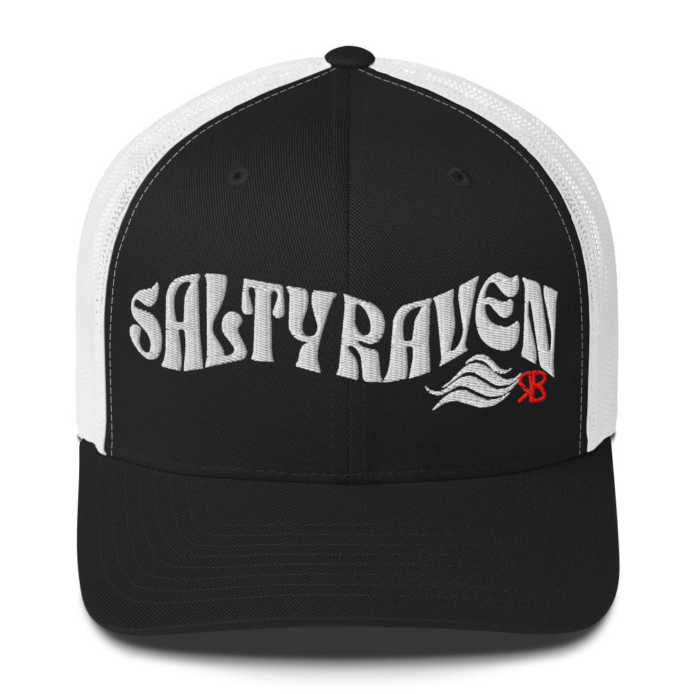 black/white trucker cap with 'Salty Raven' in white Solino display font. Branded RB in red