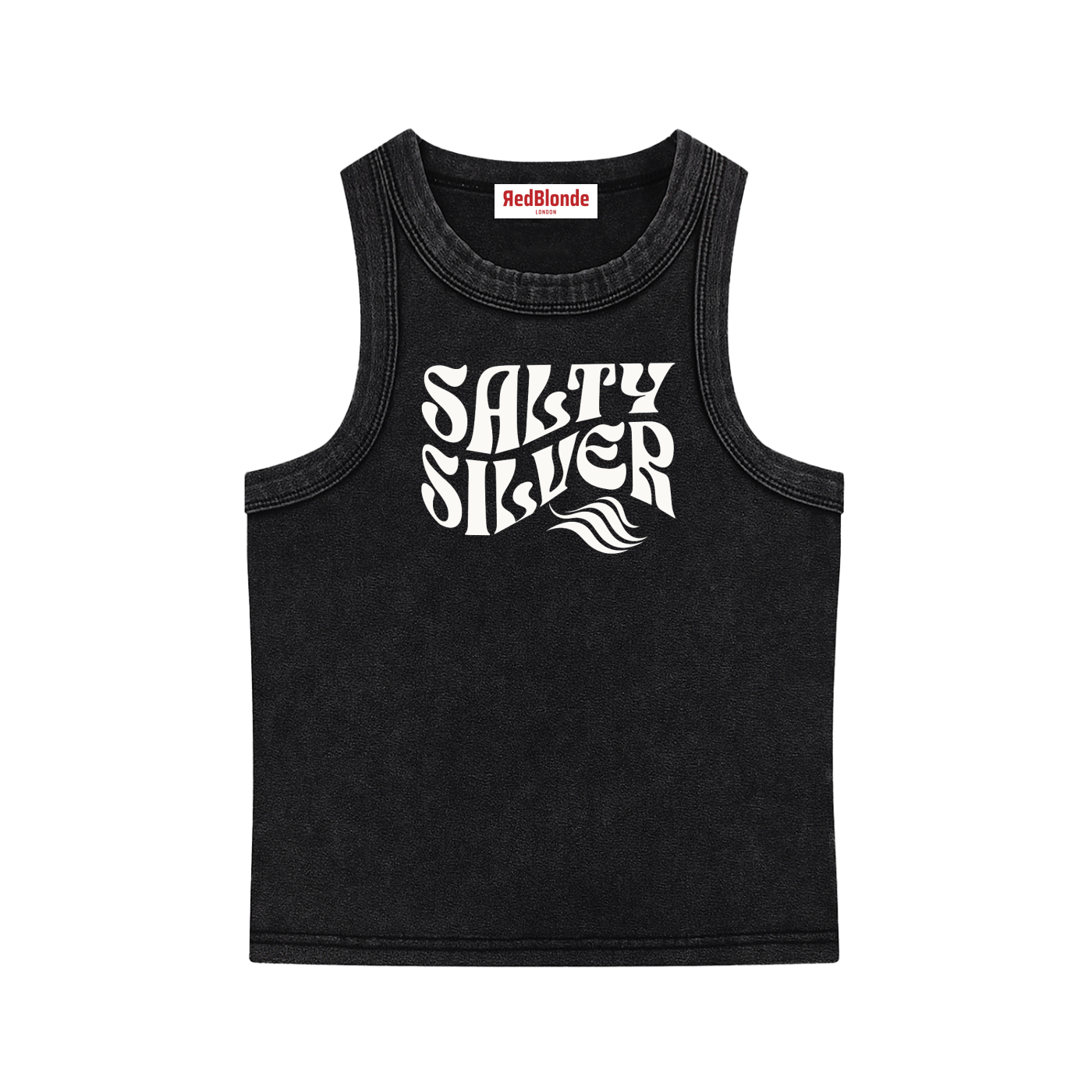 Black sleeveless crop tank top with a high neckline, featuring a white Solino Display retro-style “Salty Silver” font graphic across the chest and a RedBlonde London neck label