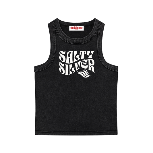 Black sleeveless crop tank top with a high neckline, featuring a white Solino Display retro-style “Salty Silver” font graphic across the chest and a RedBlonde London neck label