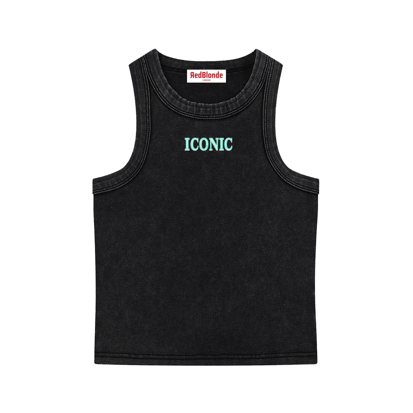 RedBlonde cropped black tank top with centred aqua blue diamanté-effect "ICONIC" graphic print, scoop neck, sleeveless