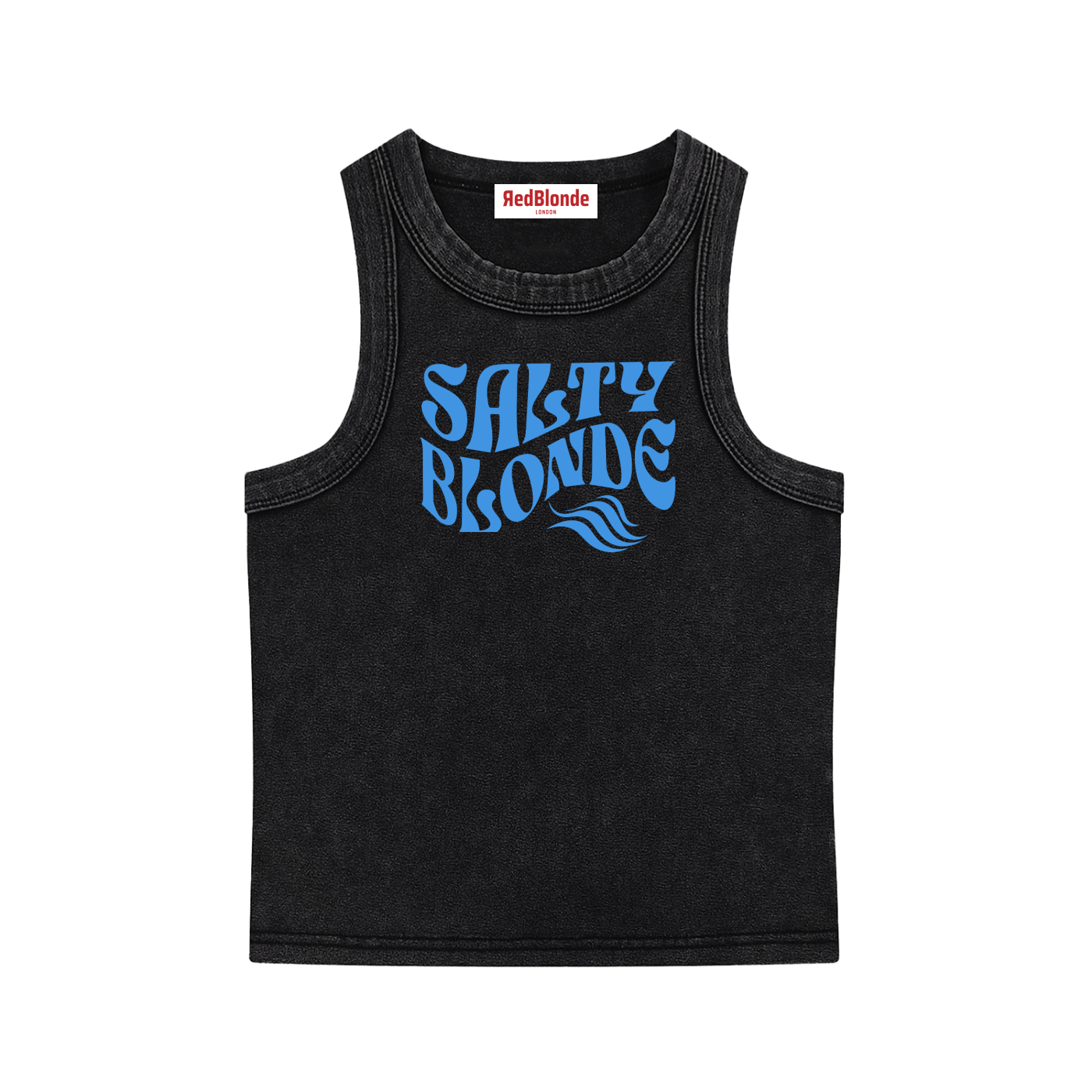 black sleeveless crop tank top with a high neckline, featuring a blue Solino Display retro-style “Salty Blonde” font graphic across the chest and a RedBlonde London neck label