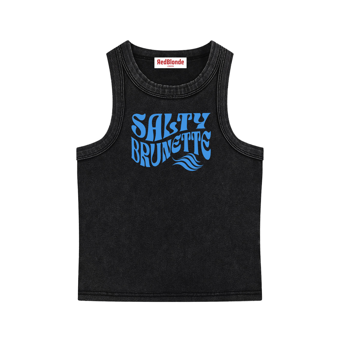 black sleeveless crop tank top with a high neckline, featuring a blue Solino Display retro-style “Salty Brunette” font graphic across the chest and a RedBlonde London neck label