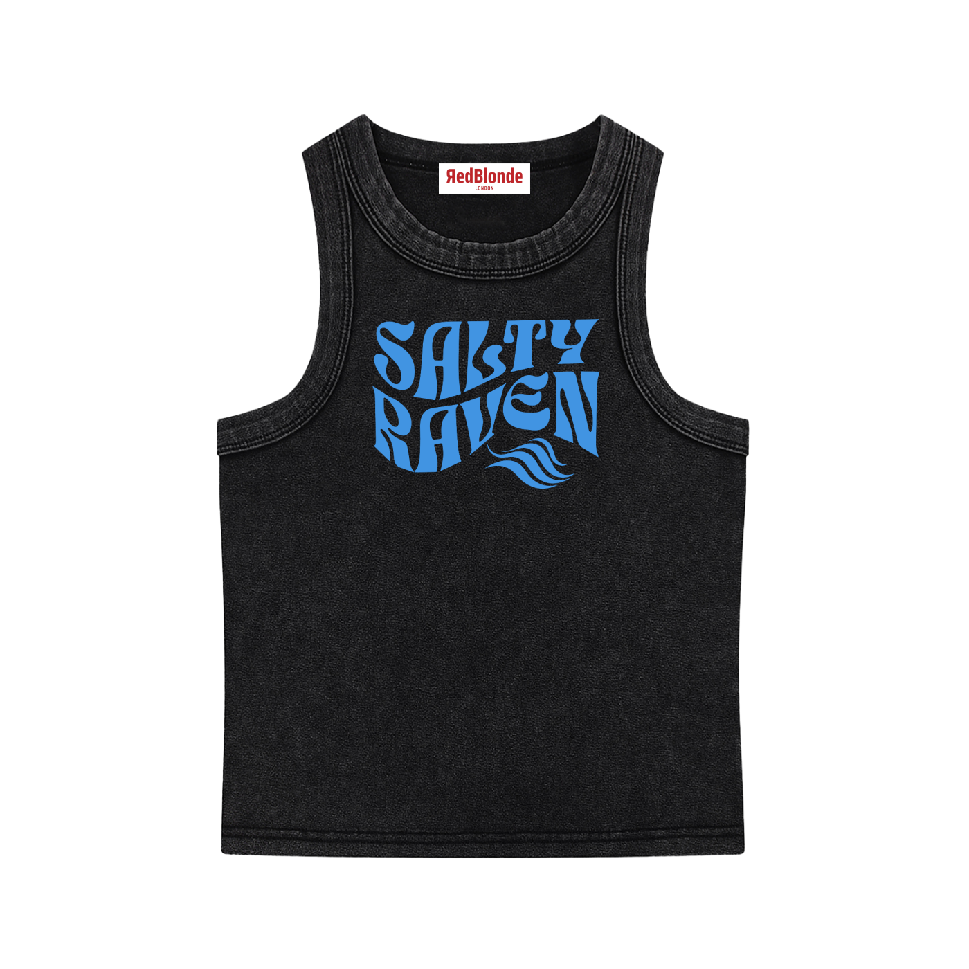 black sleeveless crop tank top with a high neckline, featuring a blue Solino Display retro-style “Salty Raven” font graphic across the chest and a RedBlonde London neck label