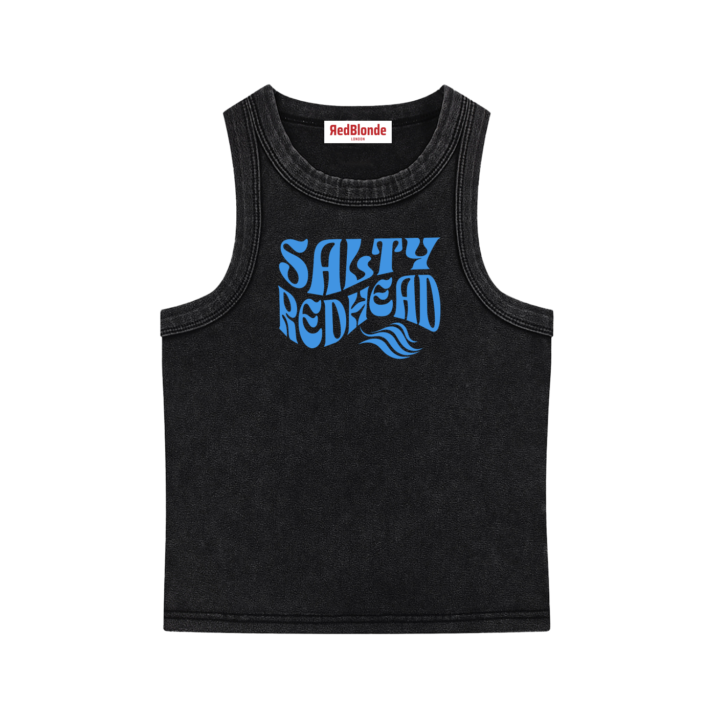 black sleeveless crop tank top with a high neckline, featuring a blue Solino Display retro-style “Salty Redhead” font graphic across the chest and a RedBlonde London neck label