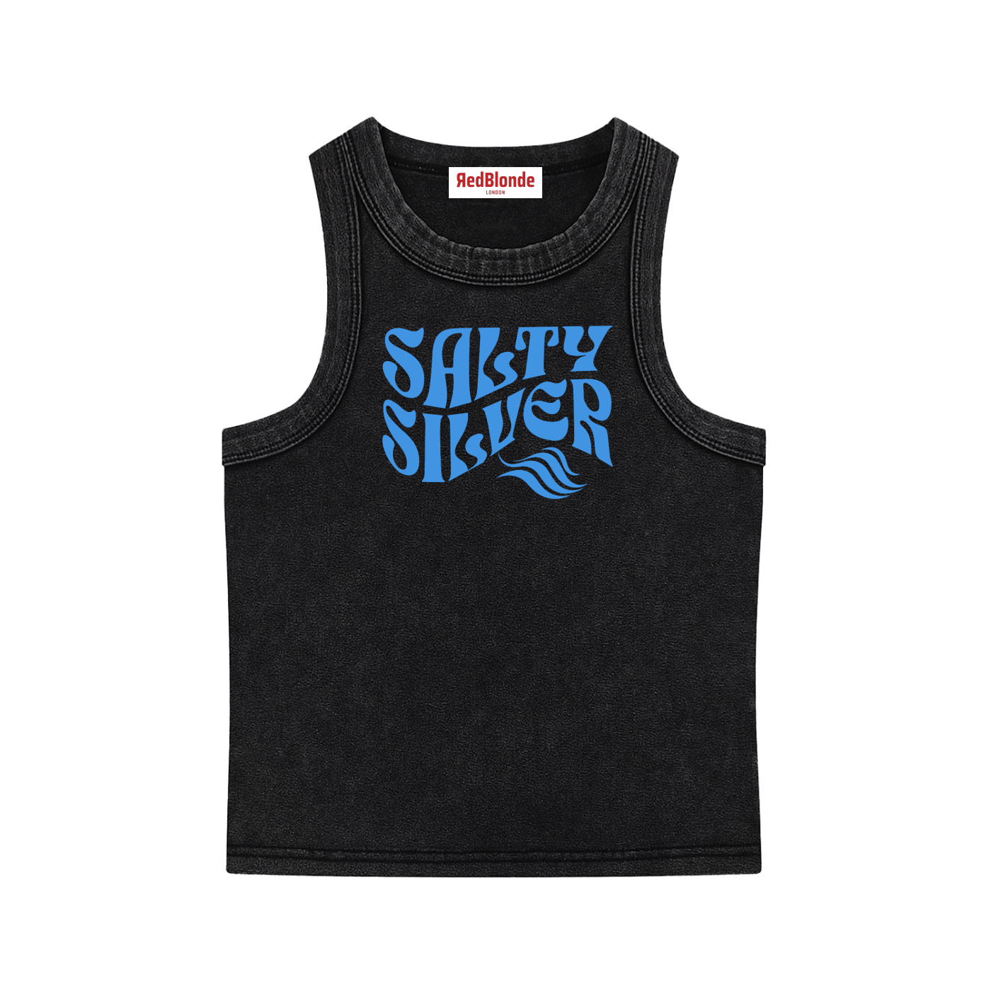 Black sleeveless crop tank top with a high neckline, featuring a blue Solino Display retro-style “Salty Silver” font graphic across the chest and a RedBlonde London neck label