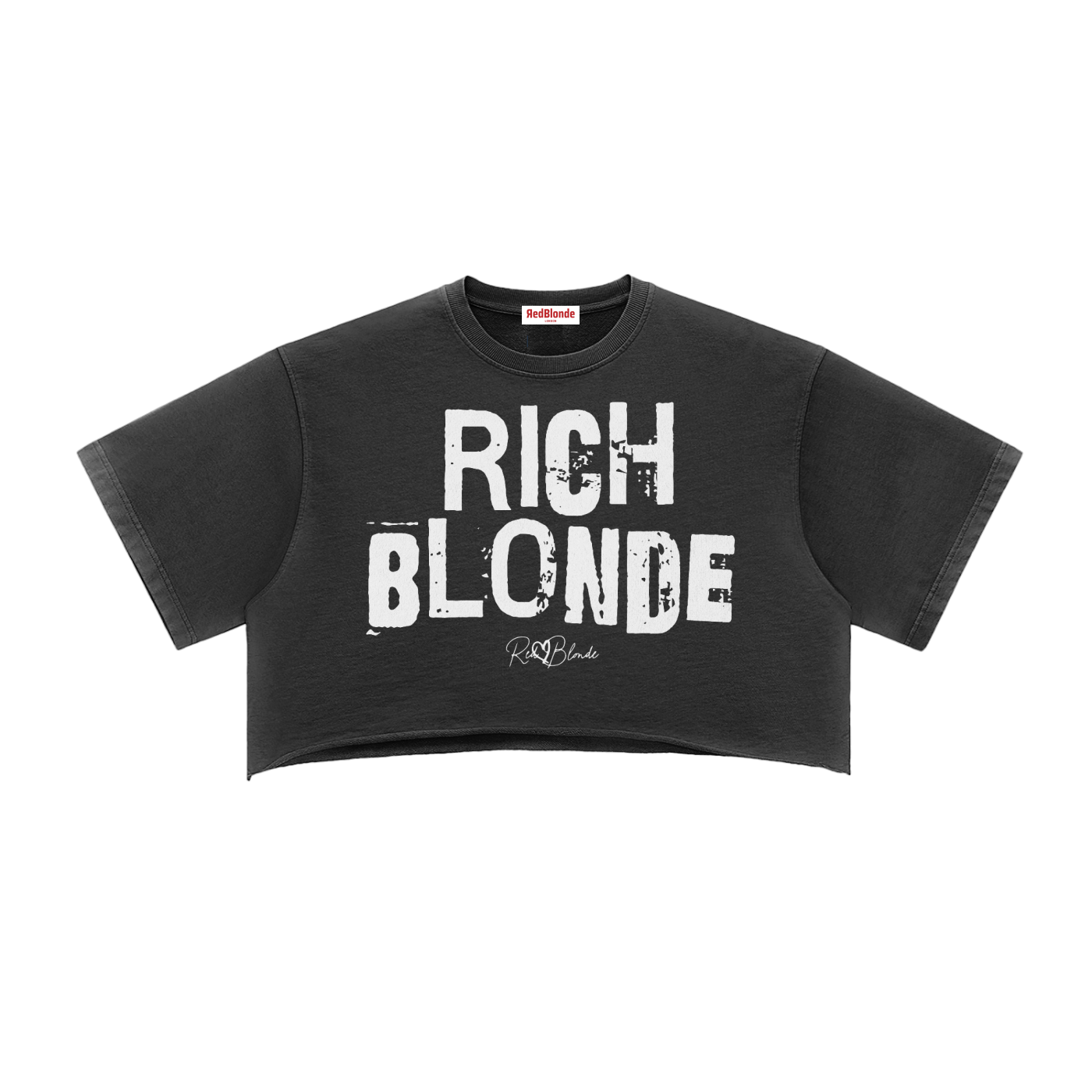 Black cropped T-shirt with oversized short sleeves and a pale mint “RICH BLONDE” in Ed Gein font graphic on the front, plus a small RedBlonde script logo underneath.