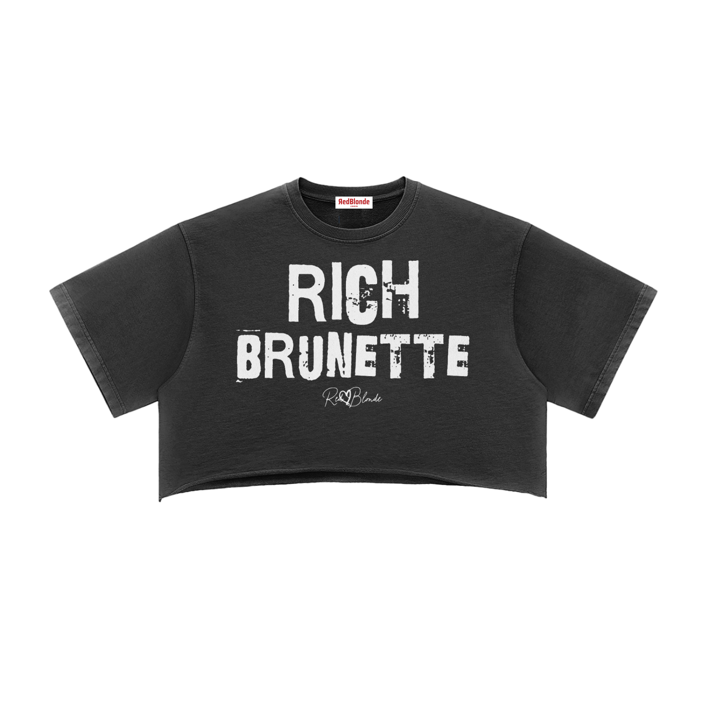 black cropped T-shirt with oversized short sleeves and a mint green “RICH BRUNETTE” in Ed Gein font graphic on the front, plus a small RedBlonde script logo underneath.