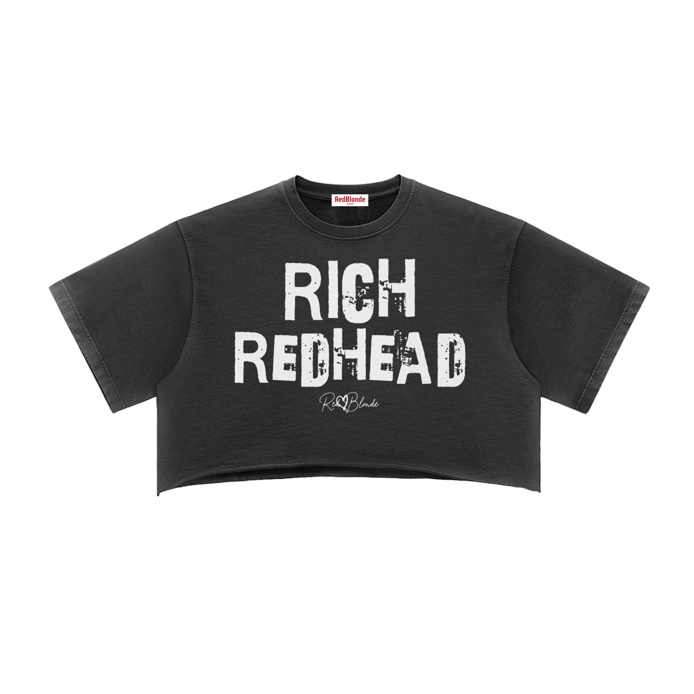 Black cropped T-shirt with oversized short sleeves and a mint green “RICH REDHEAD” in Ed Gein font graphic on the front, plus a small RedBlonde script logo underneath.