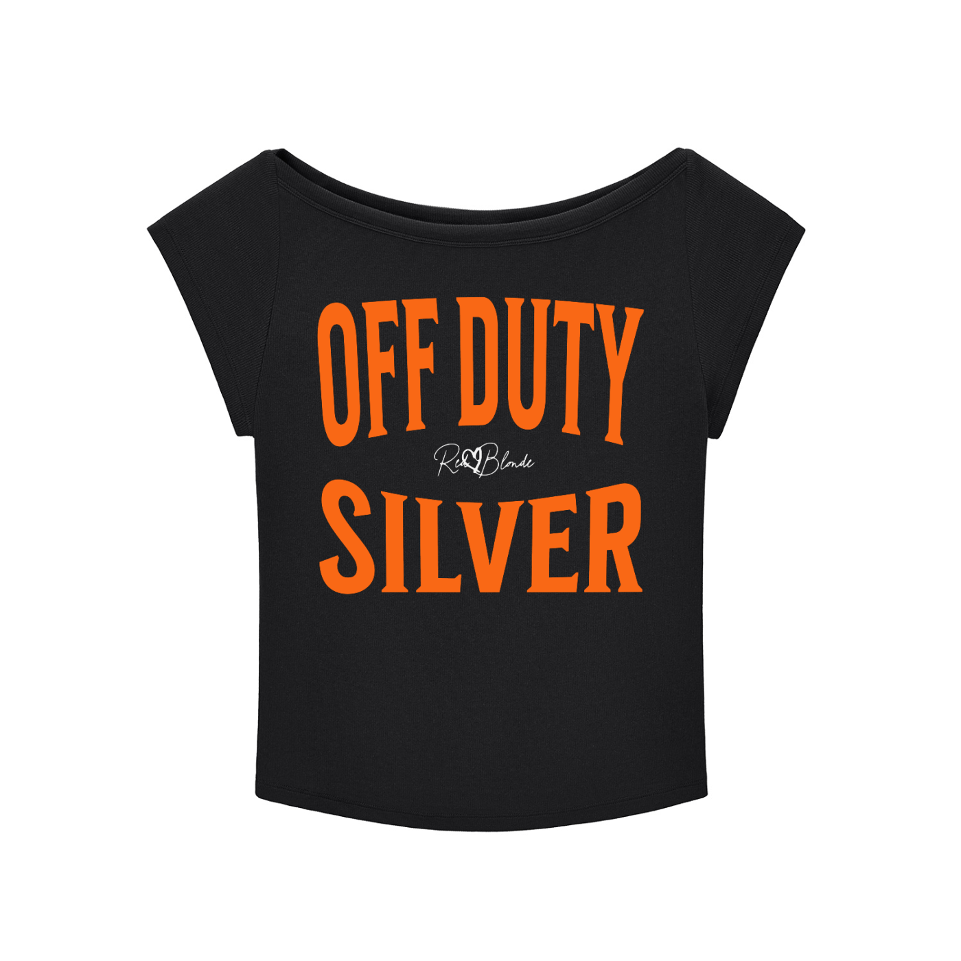 black raglan short-sleeve top with bold orange Brookfield lettering reading “OFF DUTY SILVER” with a small cursive RedBlonde logo between the words