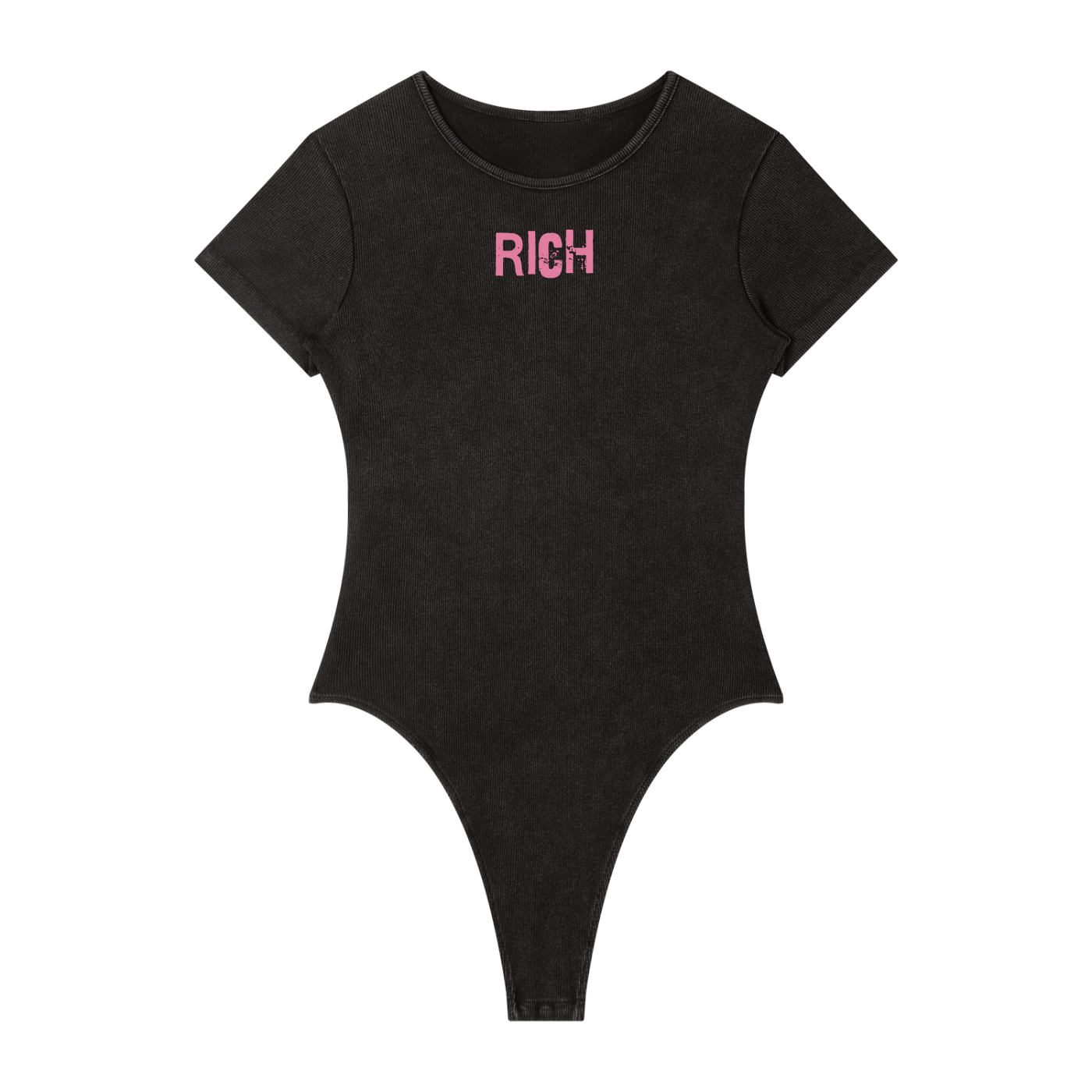 Washed charcoal ribbed short sleeve bodysuit with a crew neckline and pink 'RICH'  in Ed Gein font graphic at the chest.