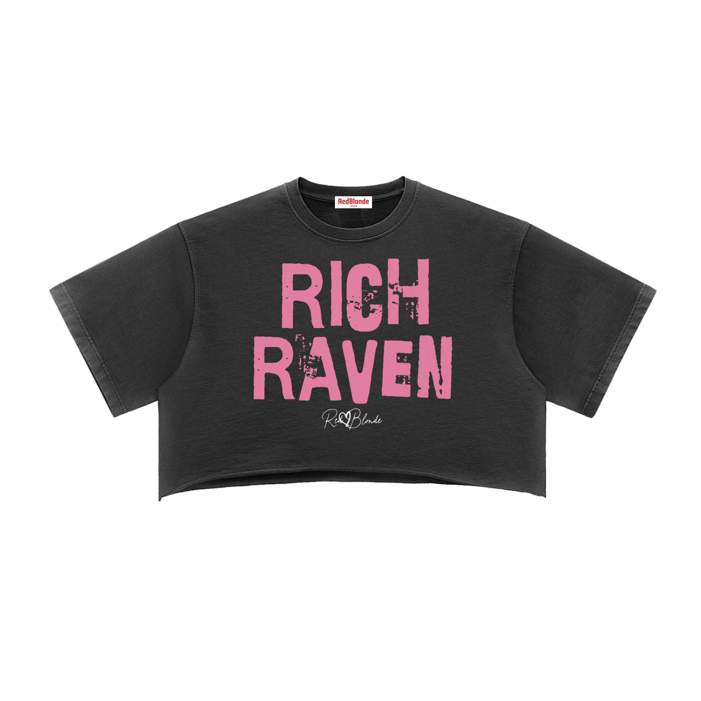 black cropped T-shirt with oversized short sleeves and bold pink “RICH RAVEN” in Ed Gein font graphic on the front, plus a small RedBlonde script logo underneath.