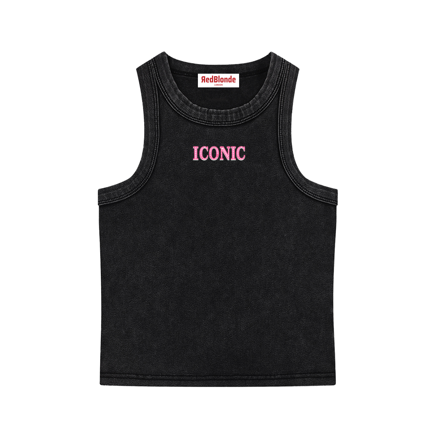 RedBlonde cropped black tank top with centred pink diamanté-effect "ICONIC" graphic print, scoop neck, sleeveless