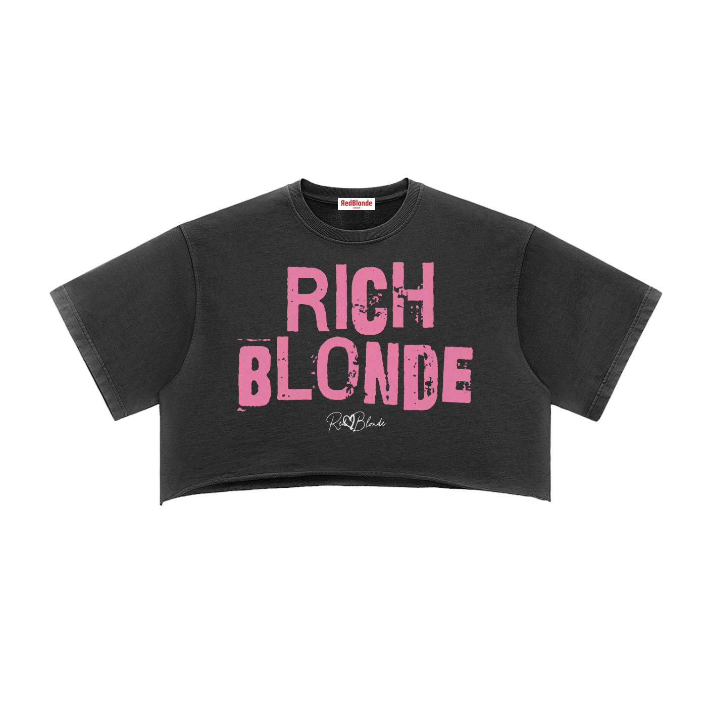 Black cropped T-shirt with oversized short sleeves and a bold pink “RICH BLONDE” in Ed Gein font graphic on the front, plus a small RedBlonde script logo underneath.