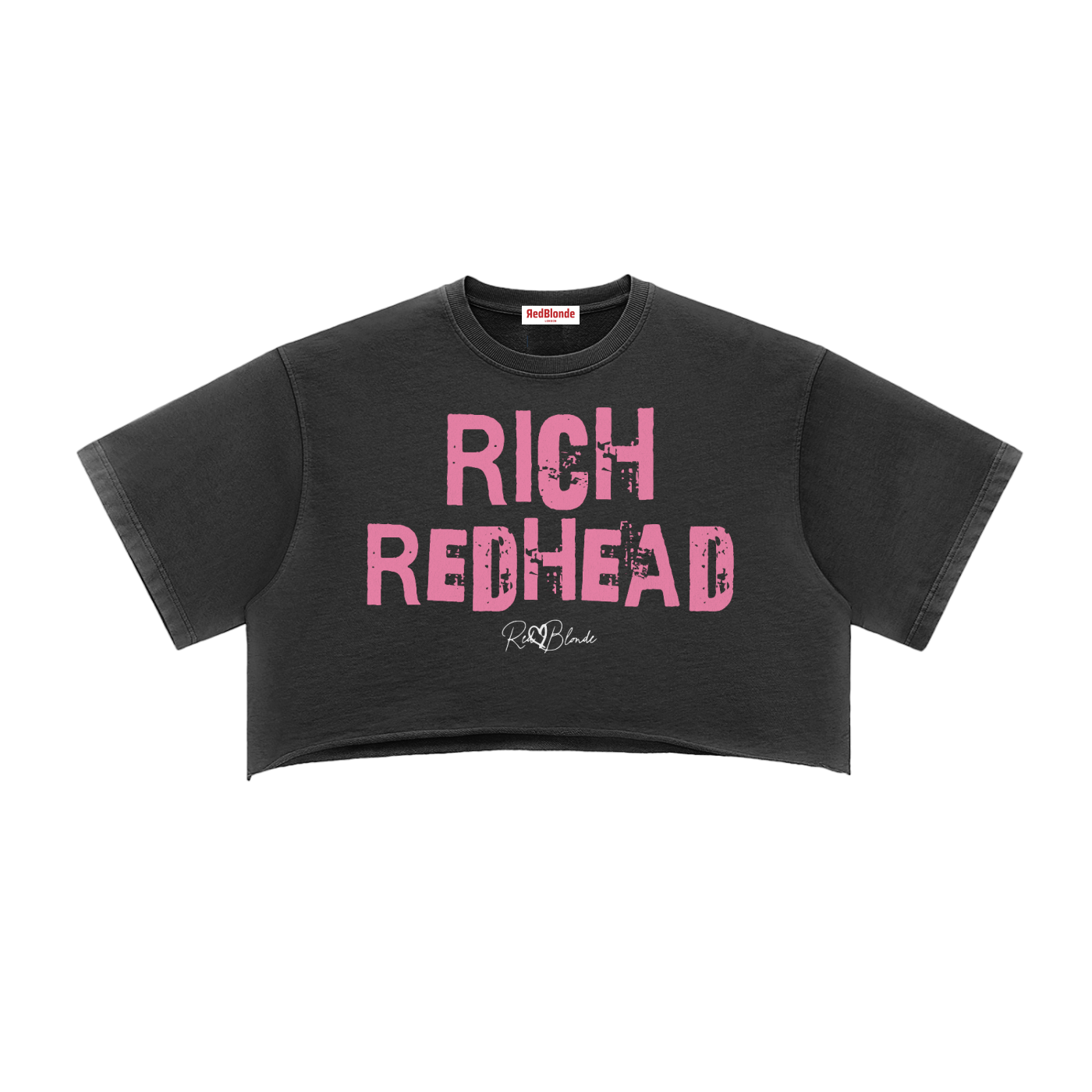 Black cropped T-shirt with oversized short sleeves and a bold pink “RICH REDHEAD” in Ed Gein font graphic on the front, plus a small RedBlonde script logo underneath.