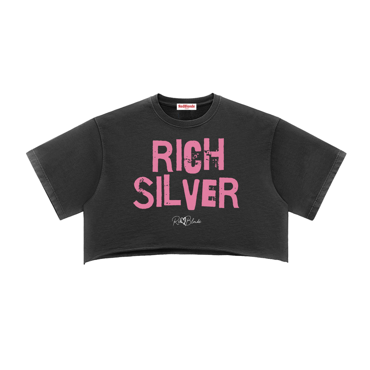 black cropped T-shirt with oversized short sleeves and a bold pink “RICH SILVER” in Ed Gein font graphic on the front, plus a small RedBlonde script logo underneath.