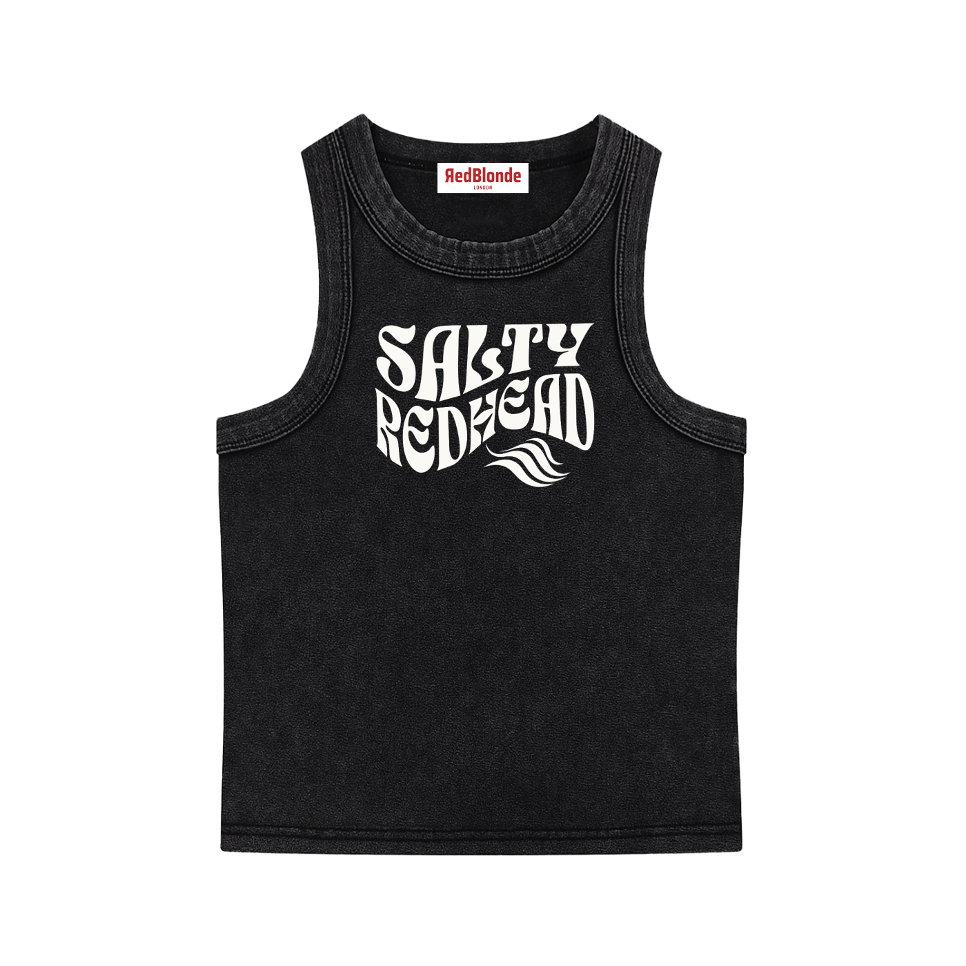 black sleeveless crop tank top with a high neckline, featuring a white Solino Display retro-style “Salty Redhead” font graphic across the chest and a RedBlonde London neck label