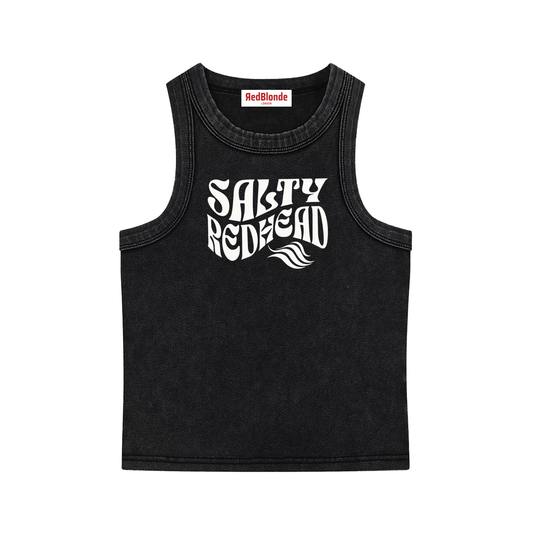 black sleeveless crop tank top with a high neckline, featuring a white Solino Display retro-style “Salty Redhead” font graphic across the chest and a RedBlonde London neck label