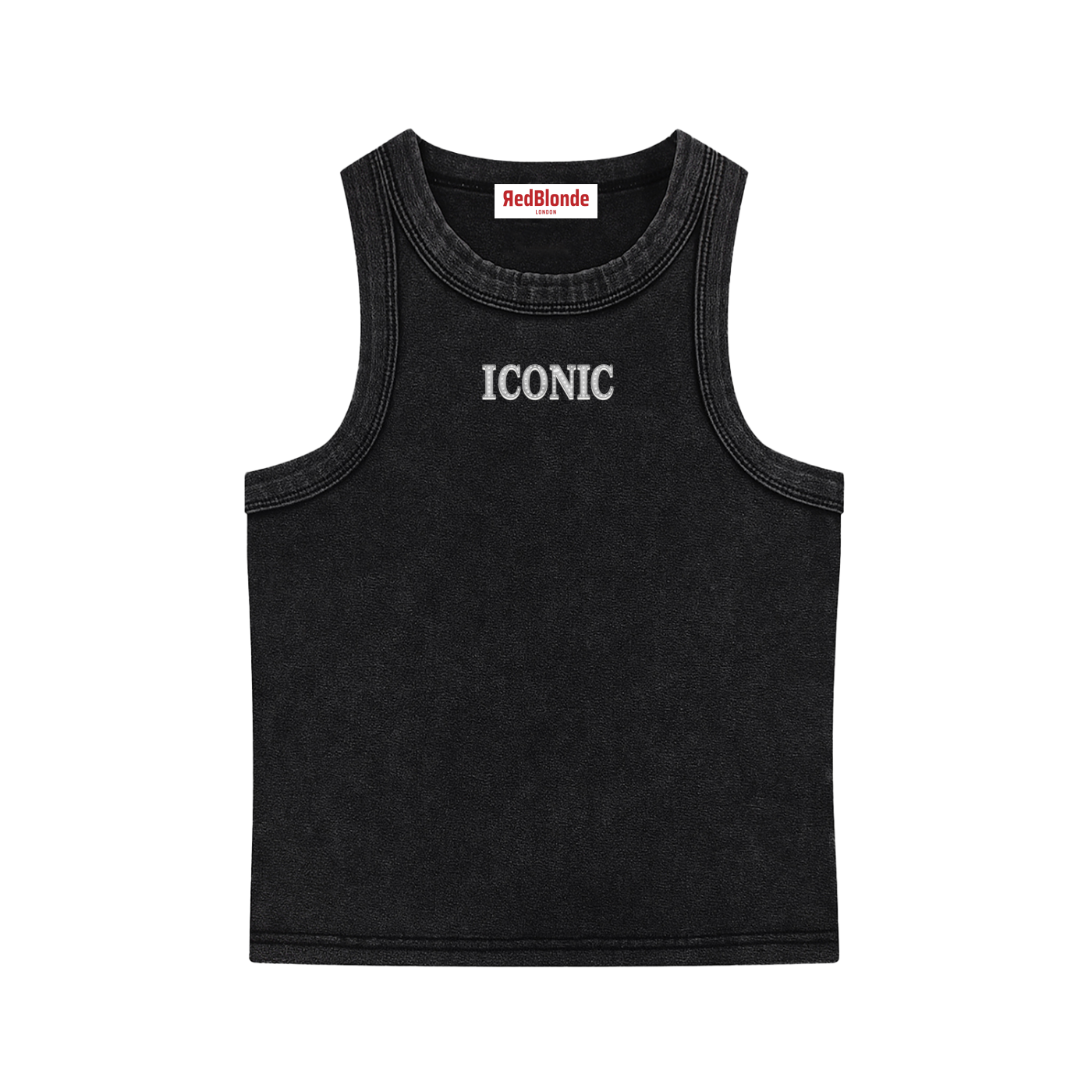 RedBlonde cropped black tank top with centred white diamanté-effect "ICONIC" graphic print, scoop neck, sleeveless