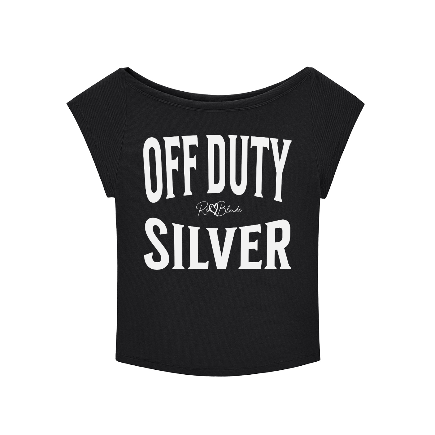 black raglan short-sleeve top with bold blue Brookfield lettering reading “OFF DUTY SILVER” with a small cursive RedBlonde logo between the words