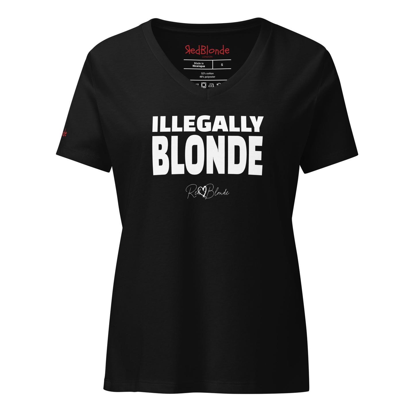 A black women’s relaxed V-neck T-shirt featuring bold white text across the chest that reads “ILLEGALLY BLONDE" in black hans sans font. Beneath the main text is the RedBlonde signature logo in a smaller, cursive style. The shirt has short sleeves, a soft V-neckline, and a casual, comfortable fit. Branded RedBlonde on the inside neck and right sleeve