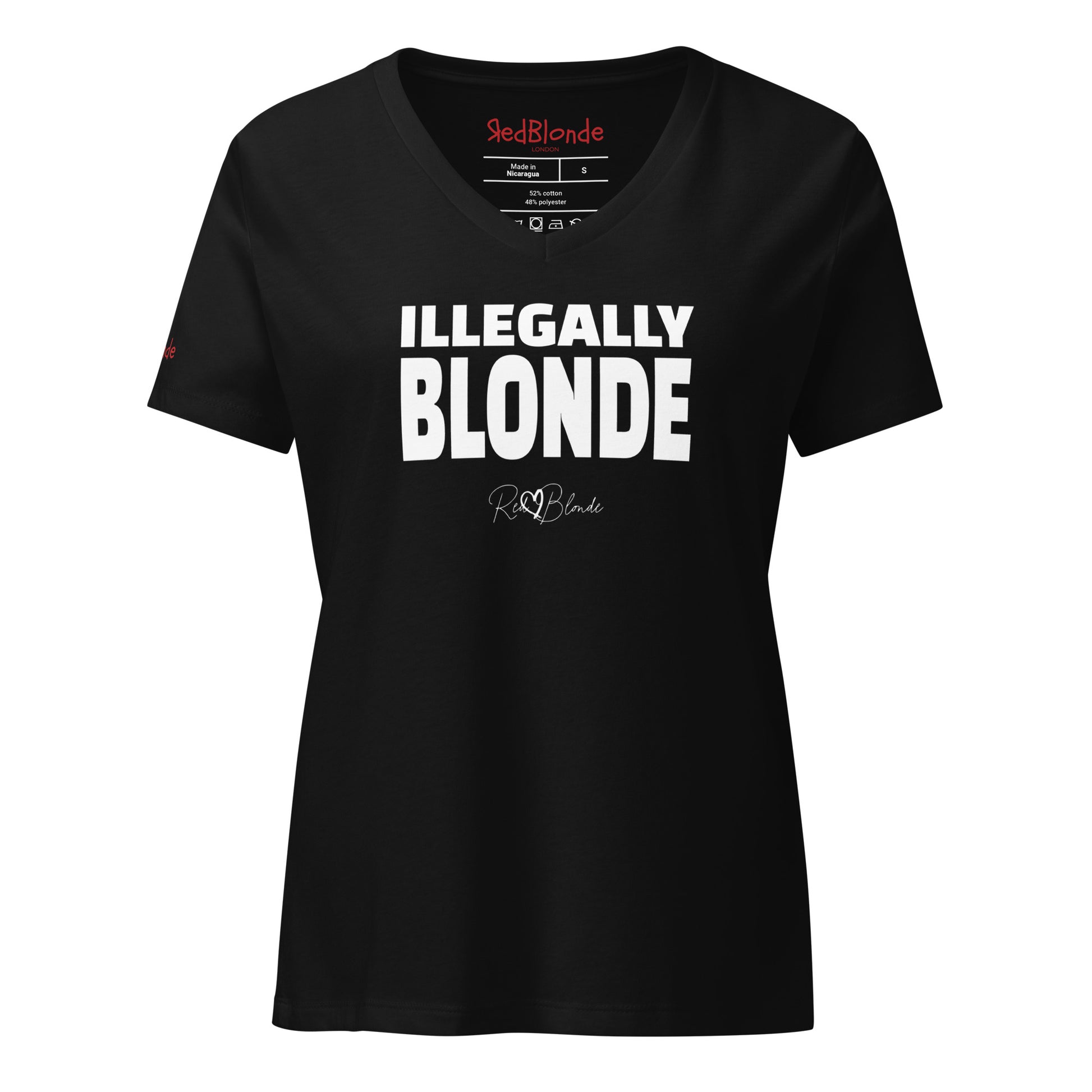 A black women’s relaxed V-neck T-shirt featuring bold white text across the chest that reads “ILLEGALLY BLONDE" in black hans sans font. Beneath the main text is the RedBlonde signature logo in a smaller, cursive style. The shirt has short sleeves, a soft V-neckline, and a casual, comfortable fit. Branded RedBlonde on the inside neck and right sleeve