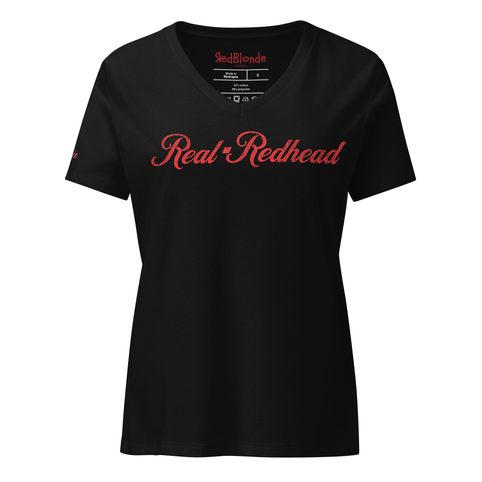 black women's relaxed fit v-neck slogan t-shirt with 'Real Redhead' in milkshake script red font. Branded RedBlonde in red on inside neck and right sleeve 