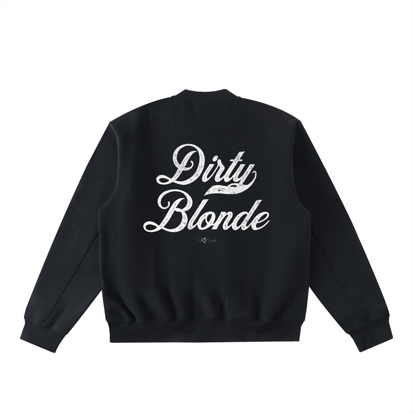 The back of a black crewneck zip up varsity jacket  laid flat on a white background. It has ribbed cuffs, collar, and hem. Large white Milkstore 01 script text across the back reads “Dirty Blonde,” with a small cursive RedBlonde logo beneath.