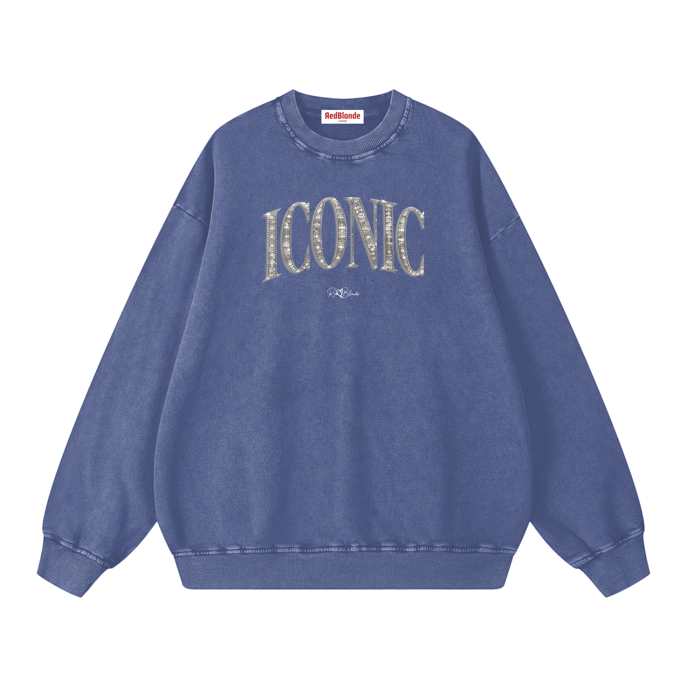 RedBlonde oversized acid-wash sweatshirt in blue with diamanté-effect "ICONIC" graphic print on the chest and RedBlonde script logo beneath, crew neck, ribbed cuffs and hem