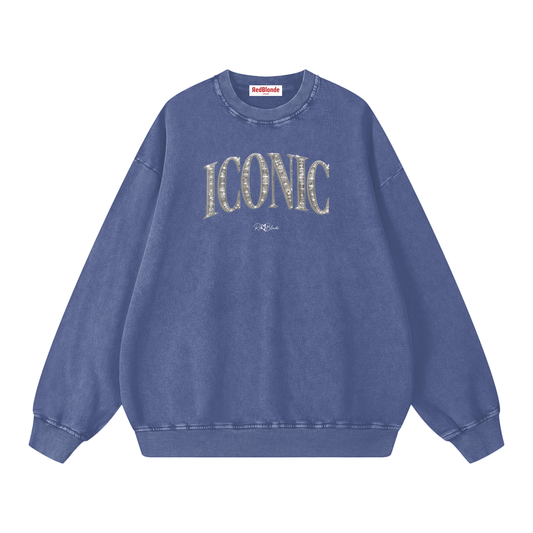 RedBlonde oversized acid-wash sweatshirt in blue with diamanté-effect "ICONIC" graphic print on the chest and RedBlonde script logo beneath, crew neck, ribbed cuffs and hem