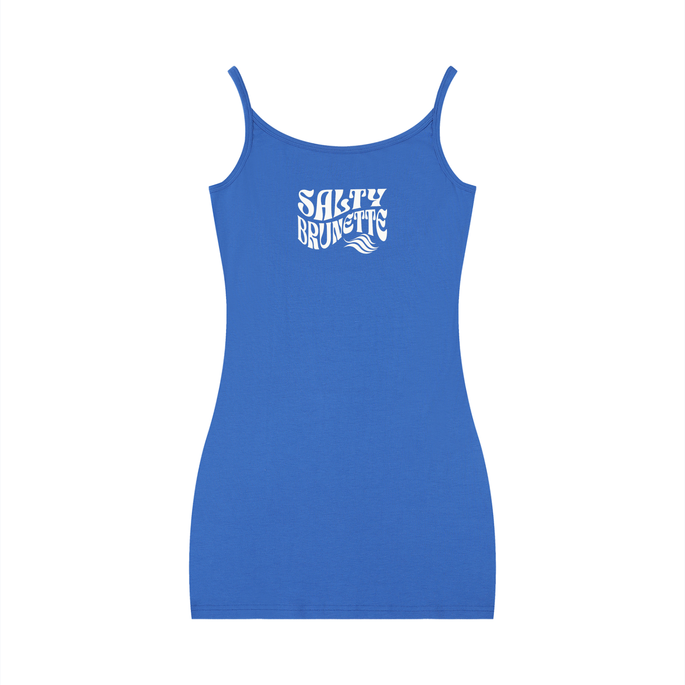  Blue bodycon mini dress with thin straps and a scoop neckline, featuring a white Salty Brunette graphic in Solino Display font on the chest.