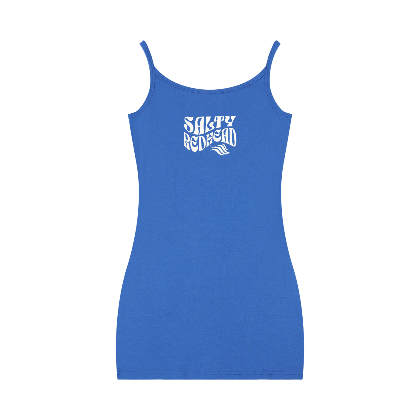  Blue bodycon mini dress with thin straps and a scoop neckline, featuring a white Salty Redhead graphic in Solino Display font on the chest.