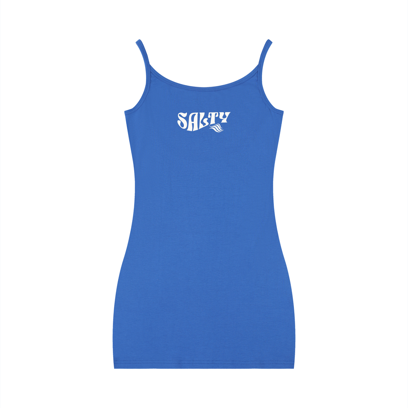 Blue bodycon mini dress with thin straps and a scoop neckline, featuring a white Salty graphic in Solino Display font on the chest.
