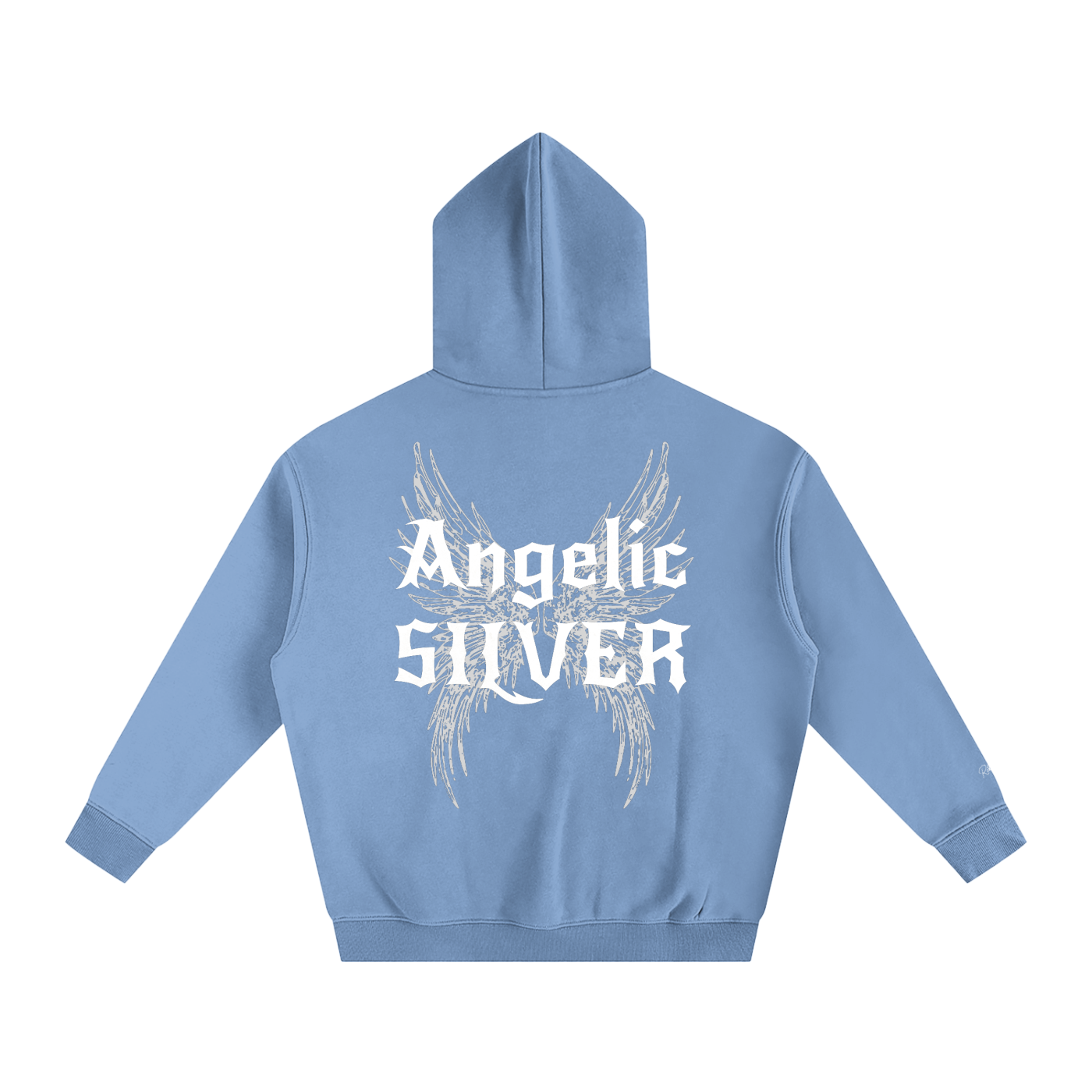 blue oversized fleeced hoodie with a back print featuring white gothic “Angelic Silver” text layered over large angel wing artwork.