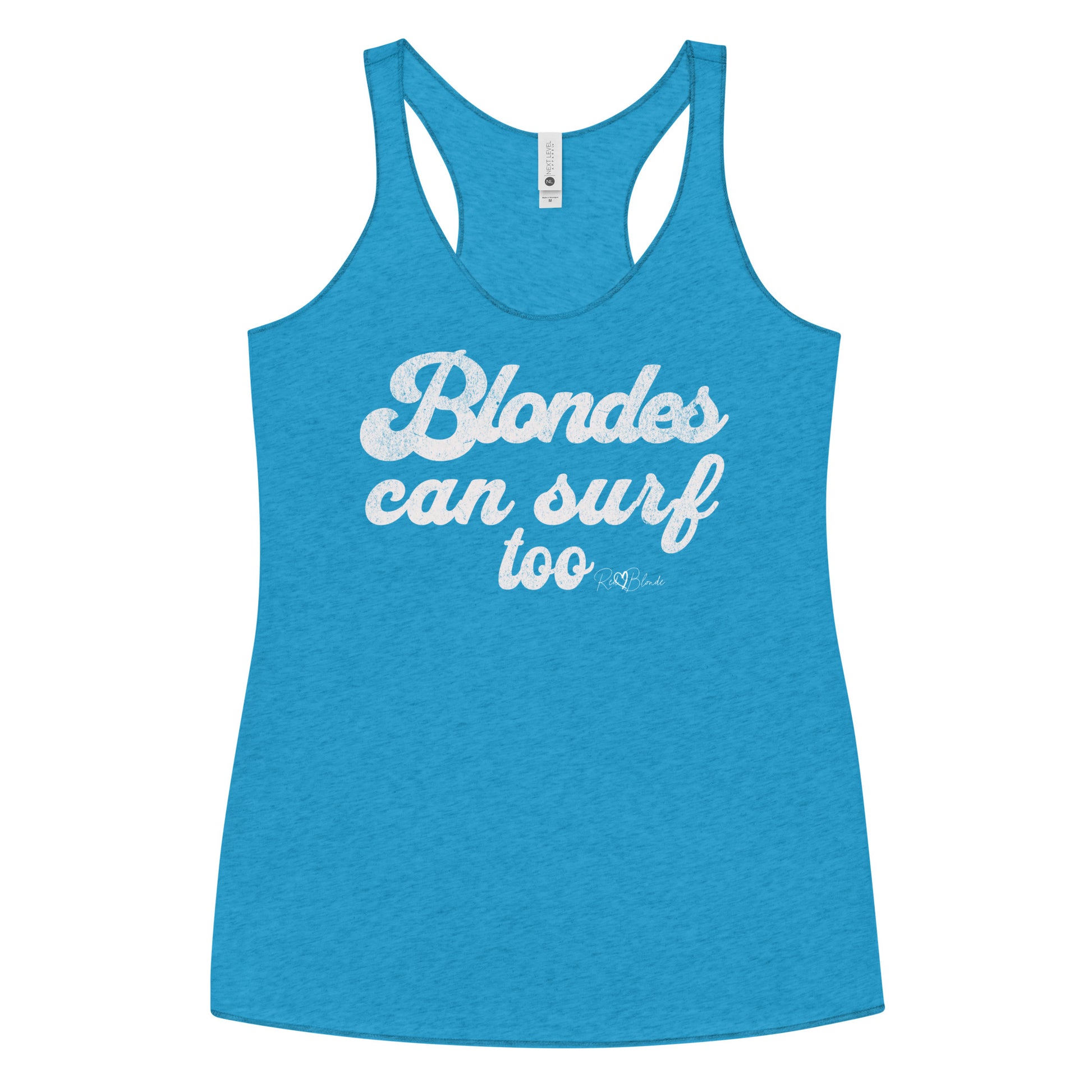 Vintage blue women’s racerback tank top with raw edge seams, featuring bold white retro-style Sunship text that reads “Blondes can surf too” with the RedBlonde signature beneath.