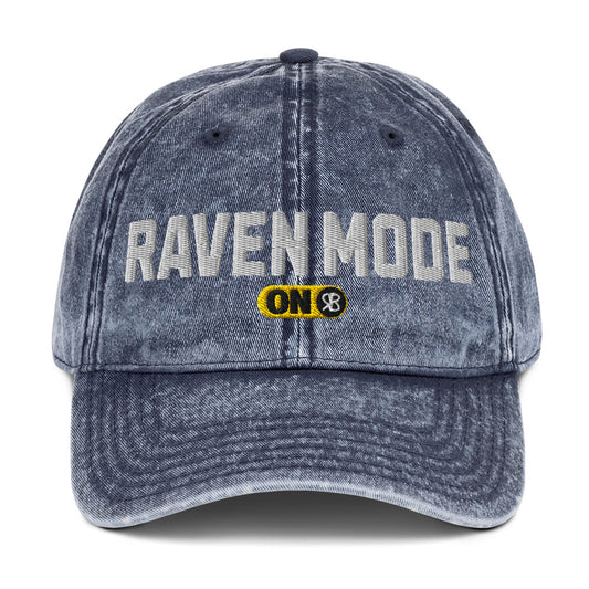 blue denim cap with 'Raven Mode ON' embroidered in white Univercity font with RB logo