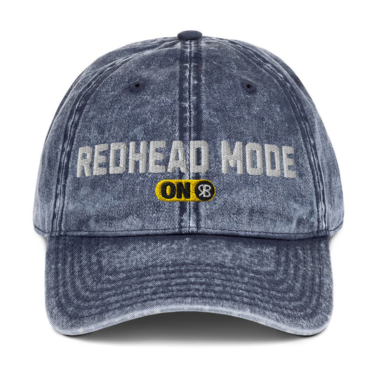 blue denim cap with 'Redhead Mode ON' embroidered in white Univercity font with RB logo