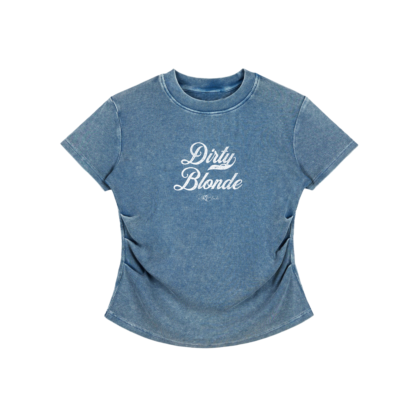 A fitted, short-sleeve blue crewneck T-shirt laid flat on a white background. It has subtle ruching/contouring at the sides and a slightly curved hem. White script text across the chest reads “Dirty Blonde,” in Milkstore 01 script with a small cursive “RedBlonde” logo beneath.