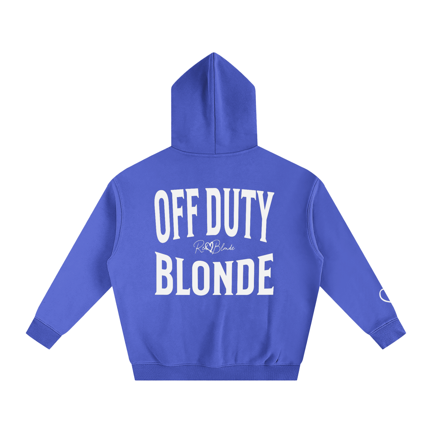 blue hoodie, back view, with large white ‘OFF DUTY BLONDE’ Brookfield text print and small RedBlonde  signature logo beneath.