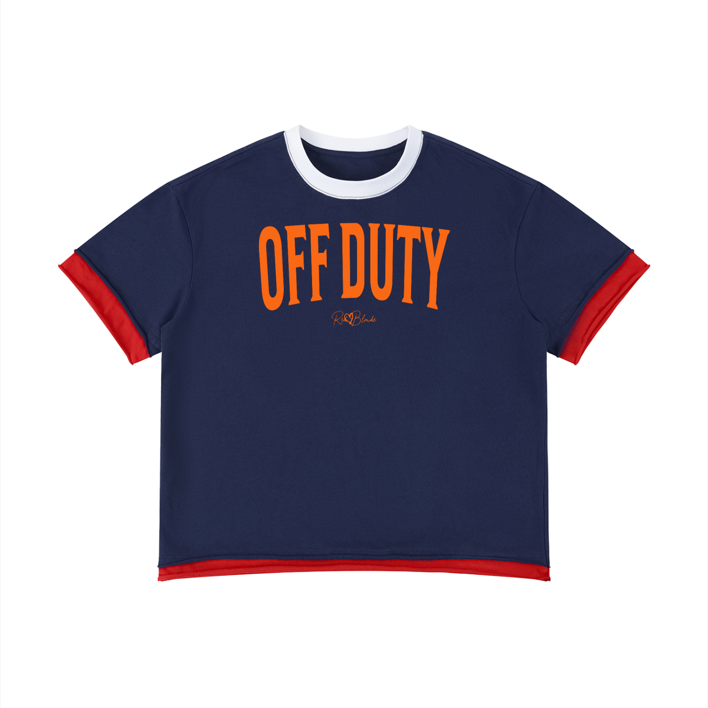 Navy oversized T-shirt with a white ribbed crew neckline, red layered sleeve and hem details, and bold orange Off Duty slogan in collegiate style font across the front.