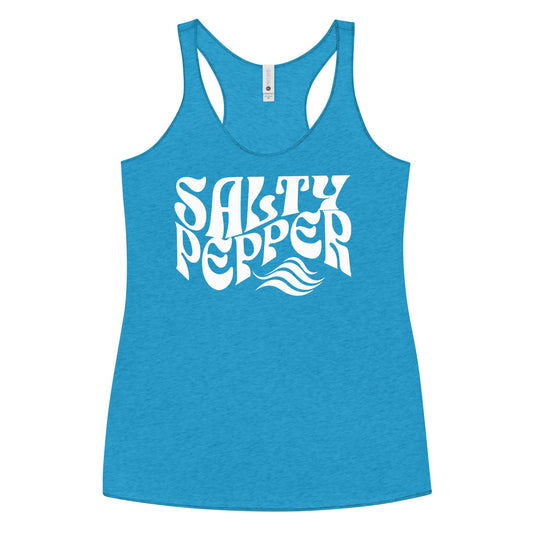Flatlay of a blue turquoise soft racerback tank t-shirt with 'Salty Pepper' play on words slogan in white retro wavy 70s font.  Branded RedBlonde London on reverse